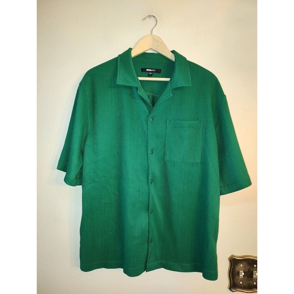 Men's Nova Men Wavy Textured Short Sleeve Green Cuban Shirt Size L